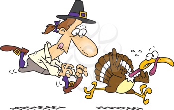 Royalty Free Clipart Image of a Pilgrim Chasing a Turkey