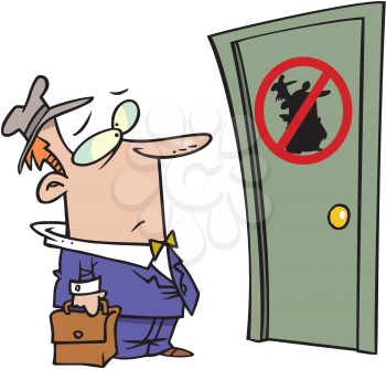 Royalty Free Clipart Image of a Man Looking at a Banned Symbol on a Door