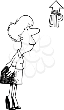 Royalty Free Clipart Image of a Woman Looking at an Up Arrow