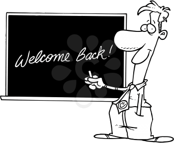 Royalty Free Clipart Image of a Teacher Writing Welcome Back on the Board