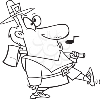 Royalty Free Clipart Image of a Pilgrim Carrying an Ax and Whistling