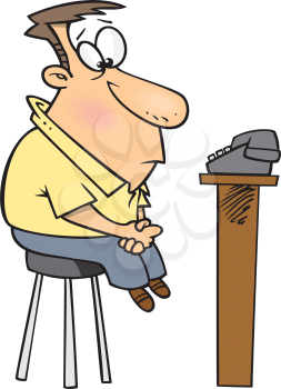 Royalty Free Clipart Image of a Man Sitting and Waiting By a Telephone