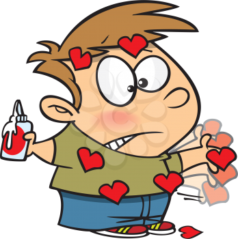 Royalty Free Clipart Image of a Boy With Hearts Glued to His Hands
