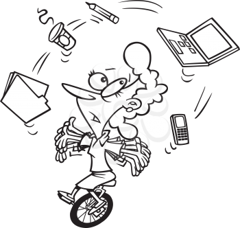 Royalty Free Clipart Image of a Woman Juggling Office Supplies