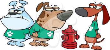 Royalty Free Clipart Image of Three Dogs Around a Hydrant