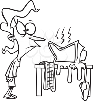 Royalty Free Clipart Image of a Woman Looking at a Computer Meltdown