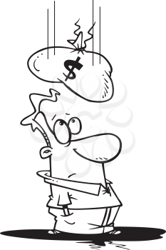 Royalty Free Clipart Image of a Man With a Bag of Money Falling on Him