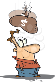 Royalty Free Clipart Image of a Man With a Bag of Money Falling on Him
