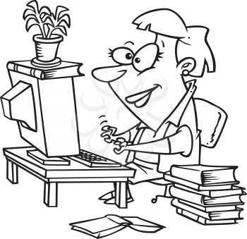 Royalty Free Clipart Image of a Woman With Books Typing at a Computer