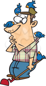 Royalty Free Clipart Image of a Man With a Hoe and Birds on Him