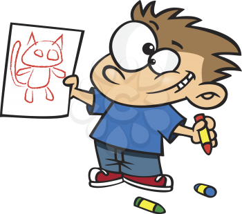 Royalty Free Clipart Image of a Little Boy With a Drawing of a Cat