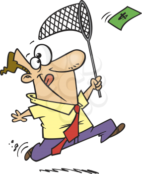 Royalty Free Clipart Image of a Man Chasing Money With a Butterfly Net