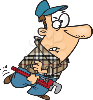 Royalty Free Clipart Image of a Man Holding a Pipe Wrench