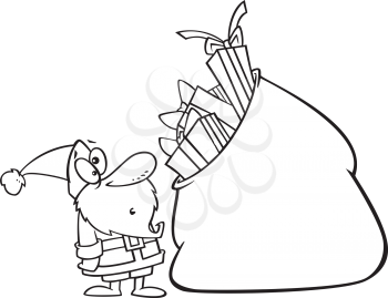 Royalty Free Clipart Image of a Santa Looking at a Large Sack