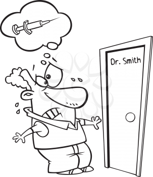 Royalty Free Clipart Image of a Frightened Man Standing Outside a Doctor's Office