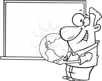 Royalty Free Clipart Image of a Man Holding a Globe in Front of a Chalkboard