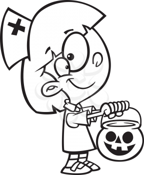 Royalty Free Clipart Image of a Girl Dressed as a Nurse Holding Halloween Treats
