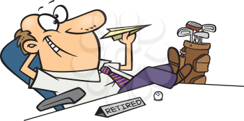 Royalty Free Clipart Image of a Retired Man Lounging at His Desk