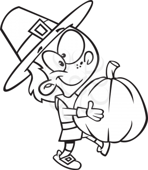 Royalty Free Clipart Image of a Pilgrim Boy With a Pumpkin
