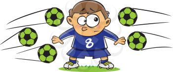 Royalty Free Clipart Image of a Boy With Soccer Balls Flying at Hime