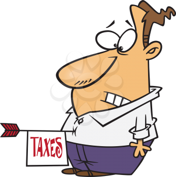 Royalty Free Clipart Image of a Man with an Arrow with a Tax Note Stuck in Stomach