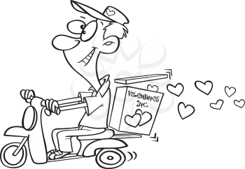 Royalty Free Clipart Image of a Man Riding a Scooter Delivering Hearts