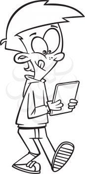 Royalty Free Clipart Image of a Boy Walking With a Tablet in His Hands