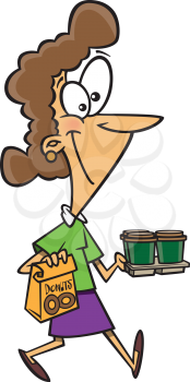 Royalty Free Clipart Image of a Woman With Doughnuts and Coffee