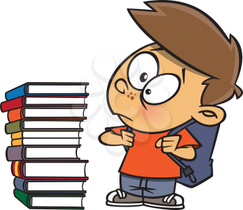 Royalty Free Clipart Image of a Boy Looking at a Stack of Books