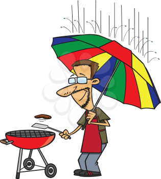 Royalty Free Clipart Image of a Man Barbecuing in the Rain