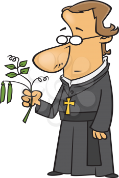 Royalty Free Clipart Image of a Friar Looking at a Plant