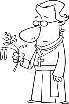Royalty Free Clipart Image of a Friar Holding a Plant