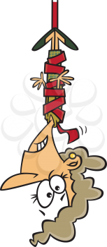 Royalty Free Clipart Image of a Woman Tangled in Red Tape Hanging Upside Down
