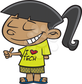 Royalty Free Clipart Image of a Girl Wearing an I Love Tech Shirt