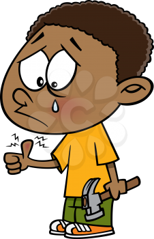 Royalty Free Clipart Image of a Boy With a Sore Thumb Holding a Hammer