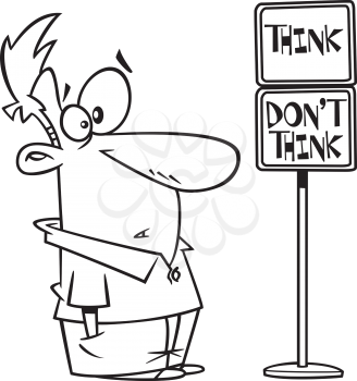 Royalty Free Clipart Image of a Man at a Think Sign