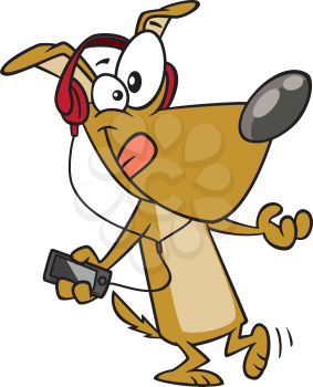 Royalty Free Clipart Image of a Dog Listening to Headphones