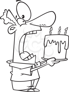 Royalty Free Clipart Image of a Man About to Eat a Whole Birthday Cake