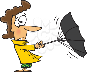 Royalty Free Clipart Image of a Woman With an Umbrella Turned Inside Out