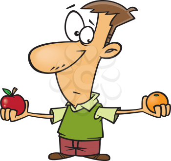 Royalty Free Clipart Image of a Man holding an Apple and an Orange