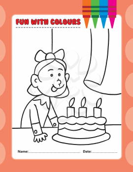 Royalty Free Clipart Image of a Colouring Page of a Girl With a Birthday Cake