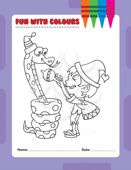 Royalty Free Clipart Image of a Colouring Page of an Elf With a Snake