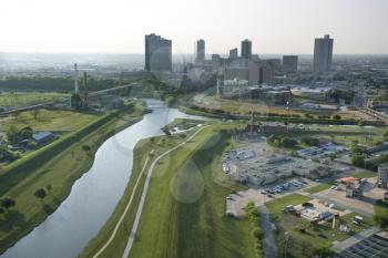Aerial view of Fort Worth, Texas with view of Trinity River and skyscrapers.