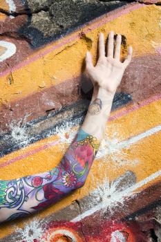 Tattooed Caucasian woman's arm against graffiti covered wall.