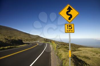 Curvy road sign in Haleakala National Park, Maui, Hawaii.