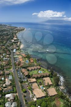 Royalty Free Photo of an Aerial of Buildings on a Coastline of Maui, Hawaii