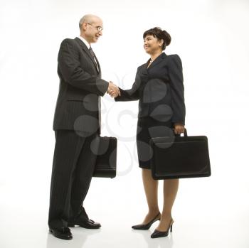 Royalty Free Photo of a Businessman and Businesswoman Standing and Shaking Hands