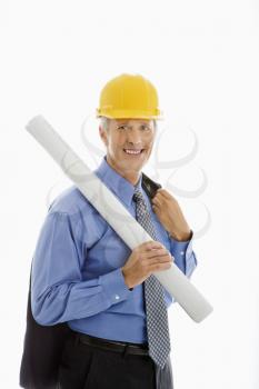 Royalty Free Photo of a Middle-Aged Businessman Holding Blueprints and Wearing a Hard Hat