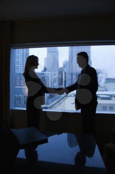 Silhouette of a businessman and businesswoman shaking hands. The city can be seen through the window in the background. Vertical shot.