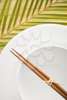 Overhead view of chopsticks lying across an empty bowl on top of a plate. The dishes are white, and there is a palm frond in the background. Vertical format.